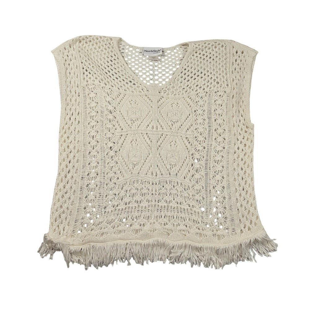 NorthStyle Womens L Cream Crochet Knit Fringe VNeck Sleeveless Boho Festival Top